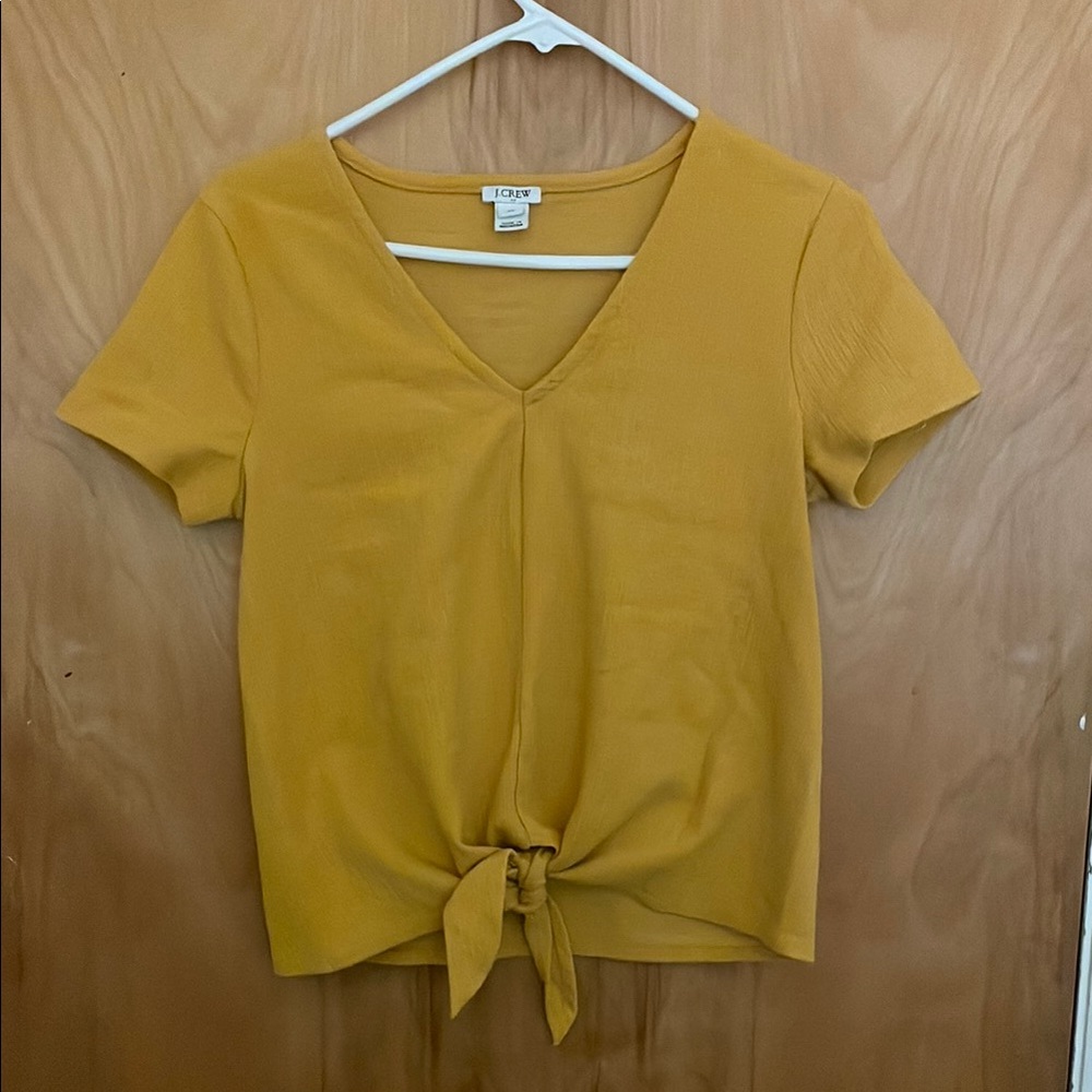J. Crew Textured Yellow Blouse with V-Neck and Tie Front